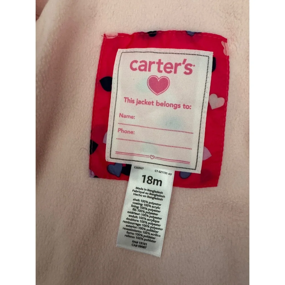 Carters Pink Heart Puffer Jacket Girls 18 Months Hooded‎ Sherpa Lined Ruffle NEW